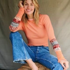 Free People In The Mix Waffle Cuff Long Sleeve Thermal in Desert Orange Combo